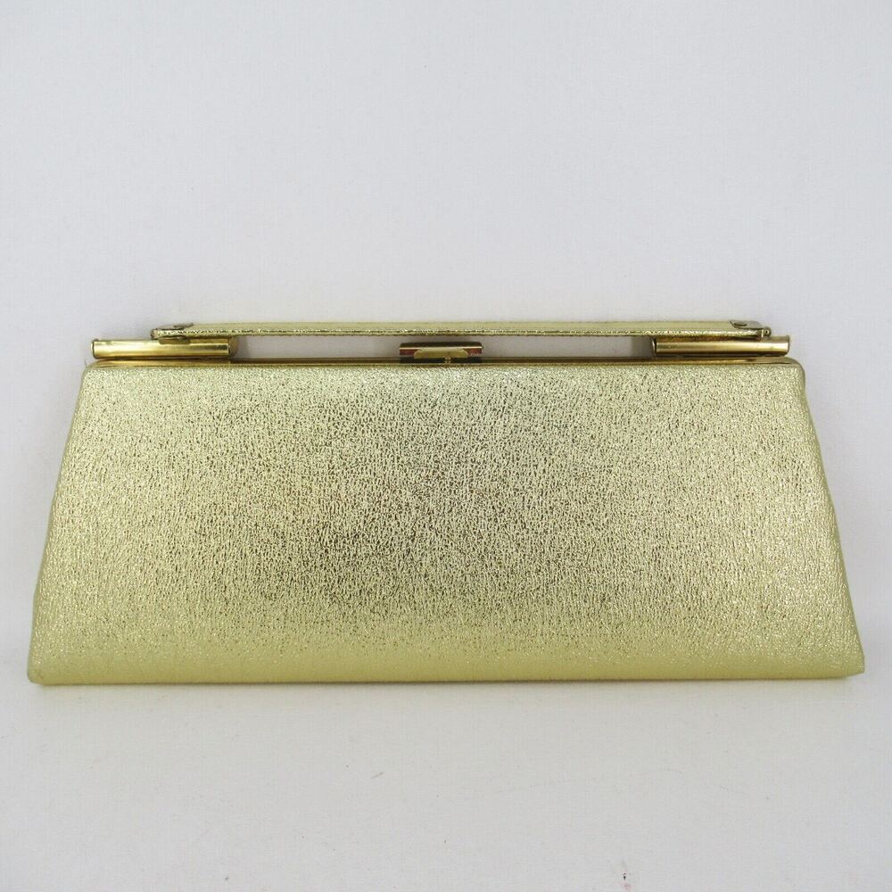 Vtg Classic Gold Handbag Women L Satchel Clutch Lined Purse Pouch Shiny Foil Bag
